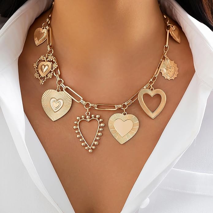 Gold Heart Chunky Charm Necklace for Women with Matching Bracelet, Healing Boho Jewelry Set, Italian Mirror-Polished Alloy, Spiritual Energy Pendant for Meditation, Growth & Inner Strength Gift