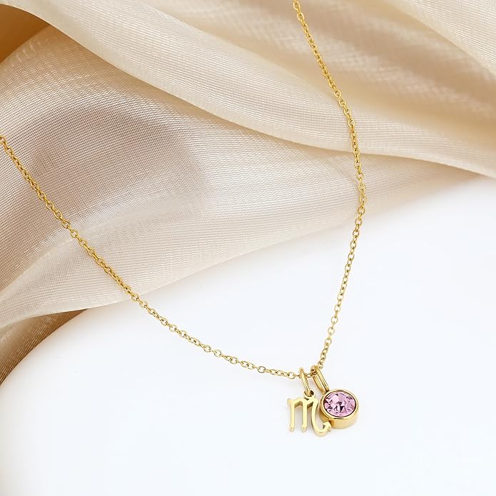 MISS RIGHT Initial Birthstone Necklace for Women - Personalized Gifts Birthday Gifts for Women Stainless Steel 18K Gold Plated Dainty Gold Zodiac Sign 12 Constellation Horoscope Necklace Jewelry