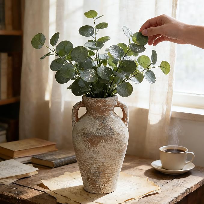 Ceramic Flower Vase with Handles, 11 Inch Terracotta Tall Vase | Farmhouse - Image 5