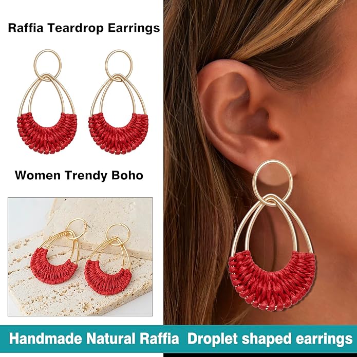 Raffia Hoop Earrings for Women Fun Boho Summer Beach Earrings Lightweight Handmade Straw Wicker Rattan Dangle Earrings Statement Geometric Round Drop Earrings