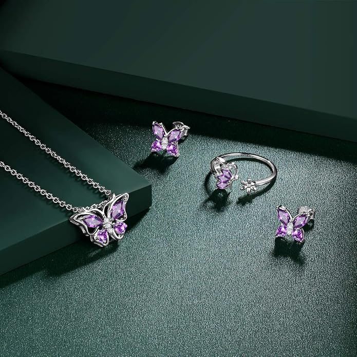 925 Sterling Silver Birthstone Butterfly Jewelry Women Crystal Animal Cute Butterflies Birthday Necklace/Earring/Ring/Bracelet Sets Birth Stone Statement Anniversary Jewellery
