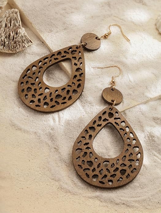 MINACHI Bohemian Hollow Cut-Out Wood Leather Dangle Drop Earrings, Boho Chic Hippie Statement Jewelry Gift for Women