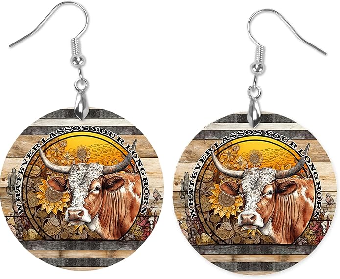Round Wood Earrings Light Weight Printed Image Dangle Jewelry