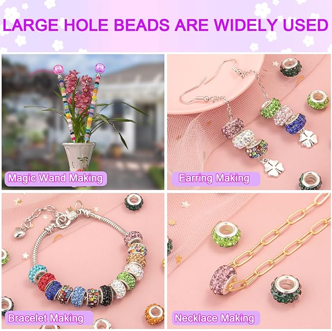 200 Pieces European Large Hole Spacer Beads, Zyehxed Yellow European Craft Beads Rhinestone Lampwork Beads Fairy Garden Beads for DIY Charms Bracelet Necklace Earring Jewelry Making Supplies
