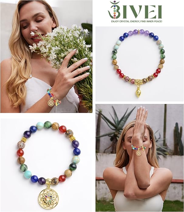 Bivei Natural Semi Precious Gemstone beads bracelet for women - Life Tree and Leaf Charm Energy Reiki Crystal Stretch Bracelets