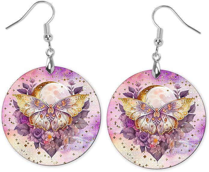 Round Wood Earrings Light Weight Printed Image Dangle Jewelry