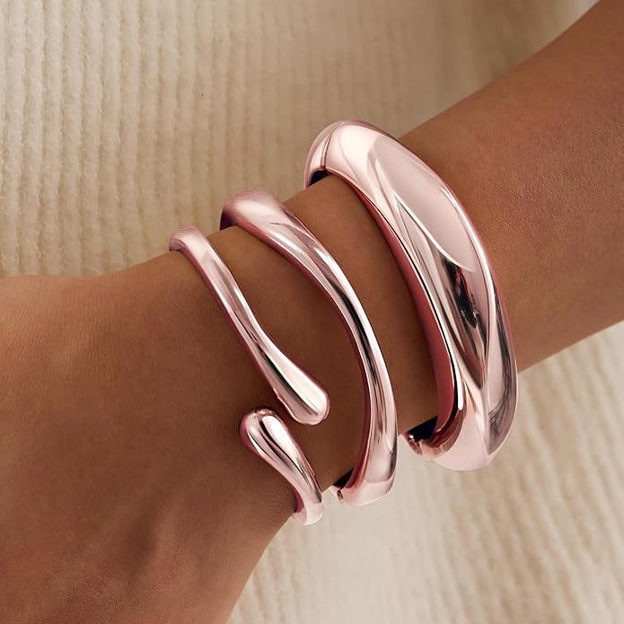 Chunky S925 Sterling Silver Plated Bangle Bracelets Stack for Women, Thick Statement Silver Plated Stackable Bangle Cuff Bracelets Set,Trendy Big Large Gold Bracelet Stacked Fashion Jewelry Gifts Non Tarnish