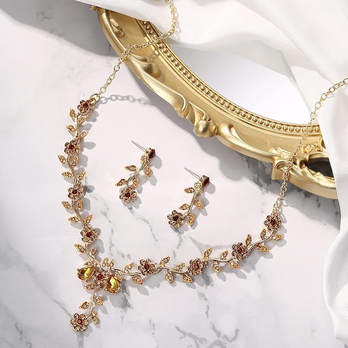 BriLove Women's Wedding Jewelry Leaf Cluster Flower Crystal Dangle Earrings Pendant Necklace Set for Bridal