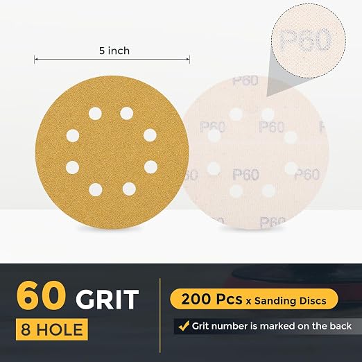 HARFINGTON 200Pcs 5Inch Sanding Discs 60Grit Yellow Aluminum Oxide 8 Hole | - Image 2
