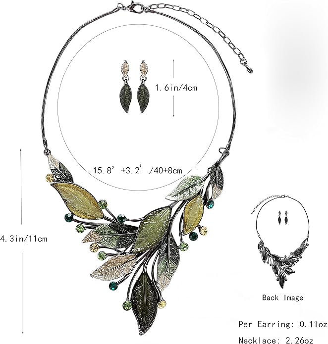 AMYJANE Vintage Statement Jewelry Set - Spring Leaf Flower Floral Plant Necklace Earring Set Crystal Rhinestone Fashion Costume Jewelry for Women Prom Party Unique Gift