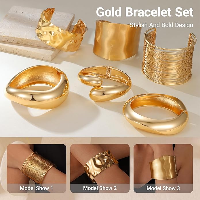 Chunky Gold Bangle Bracelets for Women, Premium Zamak 3 Alloy with 14K PVD Vacuum-Ion Plating & Electrophoretic Finish, Ideal for Parties, Weddings, Christmas & Valentine’s Day Gifts