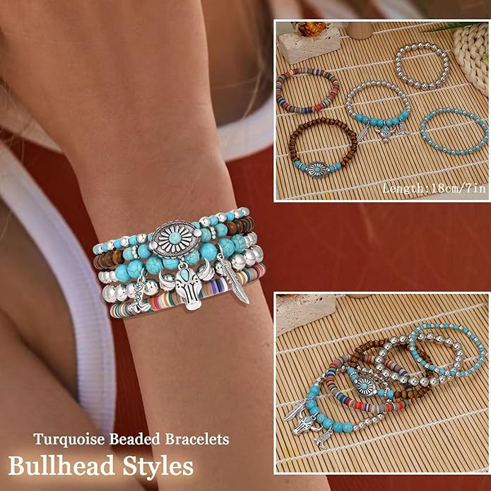 COLOYAN 28PCS Western Bracelets for Women Stackable, Stretch Charm Bohemian Bracelet Stacks, Vintage Turquoise Bead Bracelet Western Jewelry