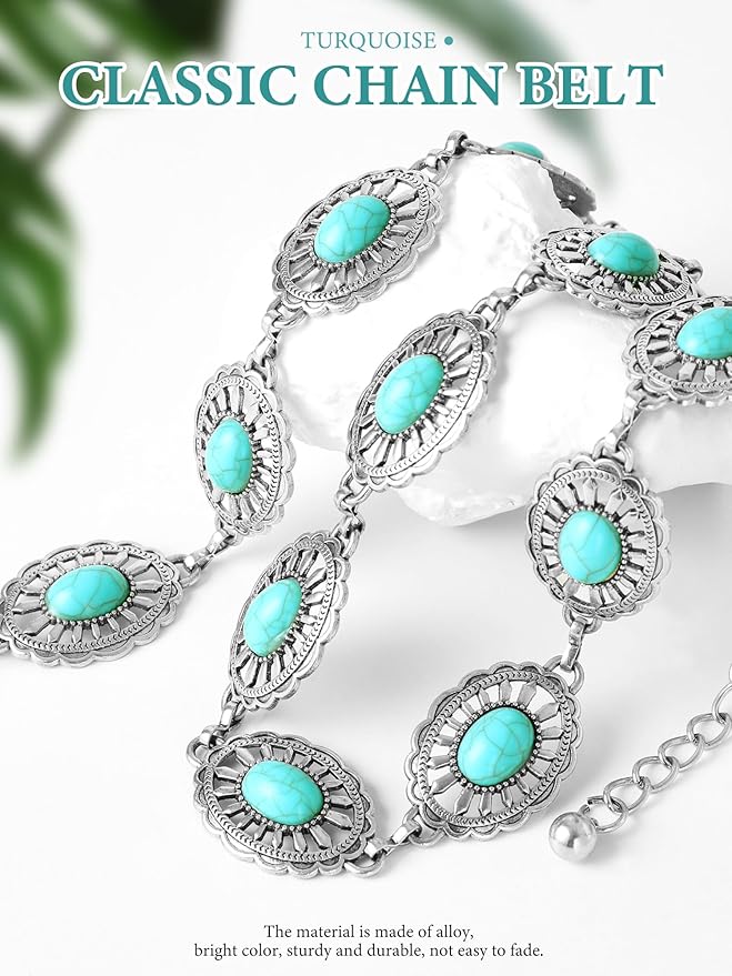 FIORETTO Metal Waist Chain Link Belt for Women Western Cowgirl Boho Turquoise Belts for Dress Jeans Country Concert Outfit