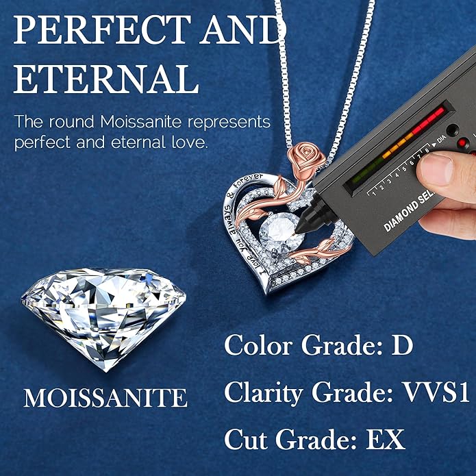 MOOSEA Valentines Day Gifts for Her - 925 Sterling Silver Rose Heart Moissanite Necklace, 1-3 ct VVS1 Clarity Lab Created Moissanite Anniversary Birthday Gifts for Mom Wife Girlfriend Jewelry Gift