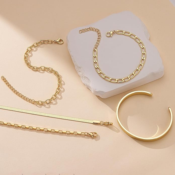 Gold Bracelets Set for Women Stack, Dainty Thick Bracelets Stack for Women Trendy, Simple Thin Gold Plated Cuff Stackable Bracelets With Beaded Cuban Paperclip Snake Rope Bangle Hand Chain Jewelry Gifts for Women Non Tainish