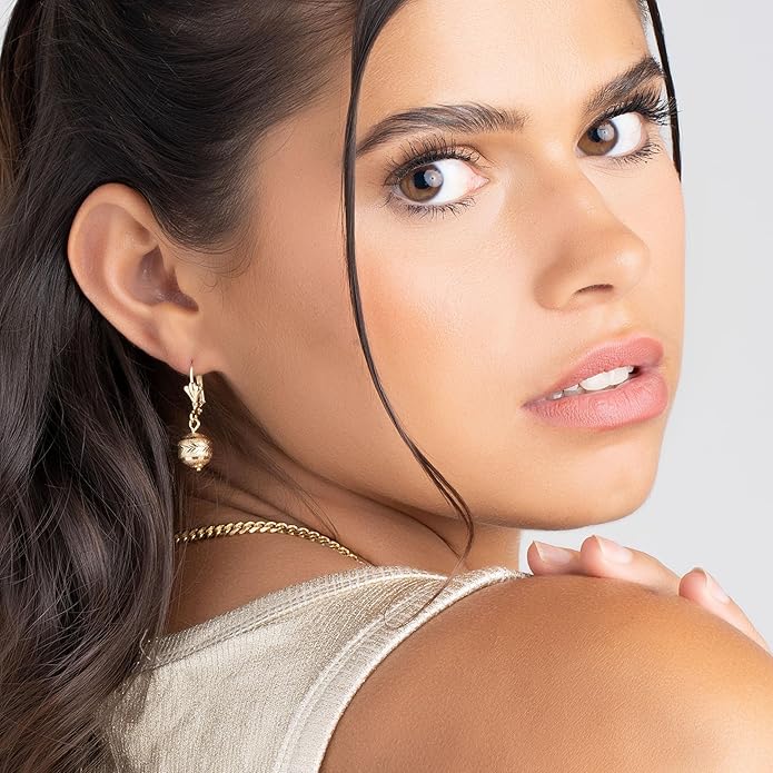 Barzel 18K Gold Plated Diamond Cut 10MM Ball Drop Earrings for Women, Lever Back, Made in Brazil, Tarnish Free, Waterproof