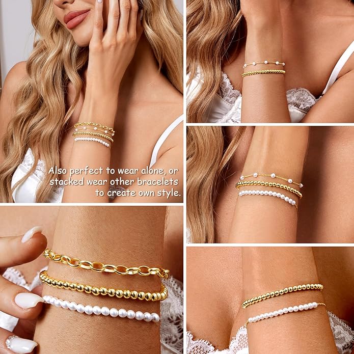 Zeffy Gold Pearl Beaded Bracelet for Women, 14K Gold Plated Jewelry Set With Paperclip Link Chain, Trendy Stack Bracelets