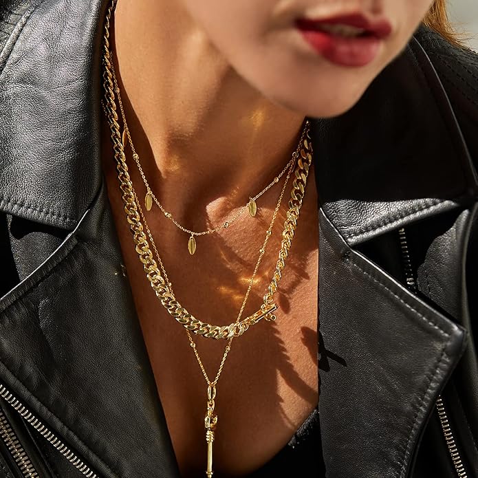 Dainty Layered Choker Necklace 18k gold Plated Y Pendant Commemorative coin Necklace Multilayer Bar Disc Necklace Adjustable Layering Choker Necklaces fashion jewelry for Women Girls