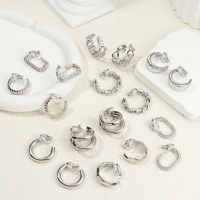 THUNARAZ 9 Pairs Clip on Earrings for Women 14K Gold Plated Chunky Hoop Clips Earring Trendy Clip on Hoop Earrings for Women Non-Pierced Fake Jewelry
