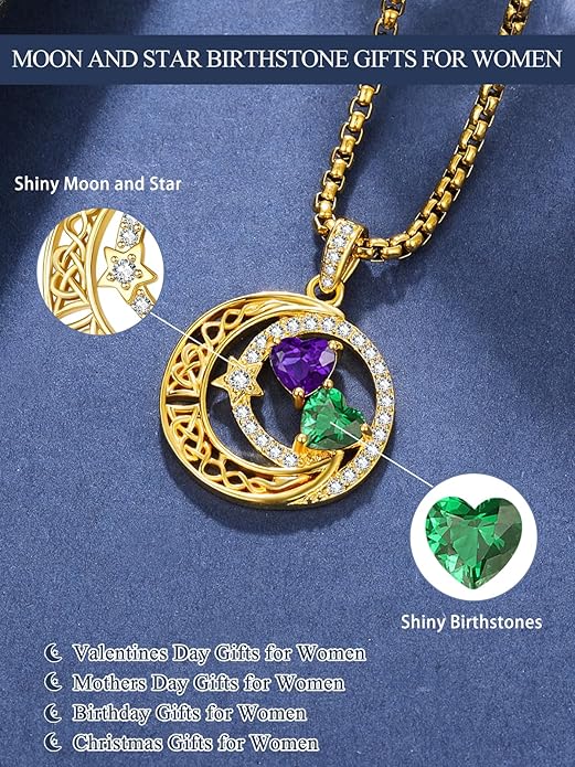 14K Gold Moon and Star Necklace Gifts for Women - Double Heart Birthstone Necklace, Valentines Wedding Anniversary Birthday Gifts for Her Wife Mom Daughter Grandma Sister