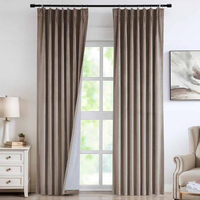 Vision Home Mocha Tan Velvet Pinch Pleated Blackout Curtains 40Wx120L Inch | 2 by VisionHome