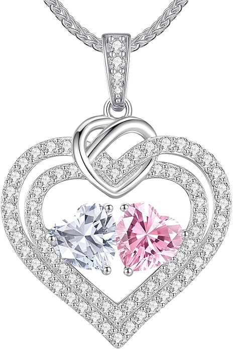 LOUISA SECRET Sparkling Double Heart Birthstone Necklaces for Women, 925 Sterling Silver Fine Jewelry, Pendant Heart Necklaces Birthday Anniversary Christmas Gift for Women Wife Mom Girlfriend Lady