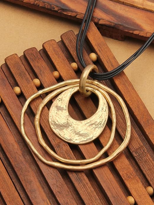 GelConnie Leather Necklace for Women Large Pendant Long Brown Necklace Circle Leather Choker Vintage Sweater Necklace Gold Chunky Boho Necklaces for Women