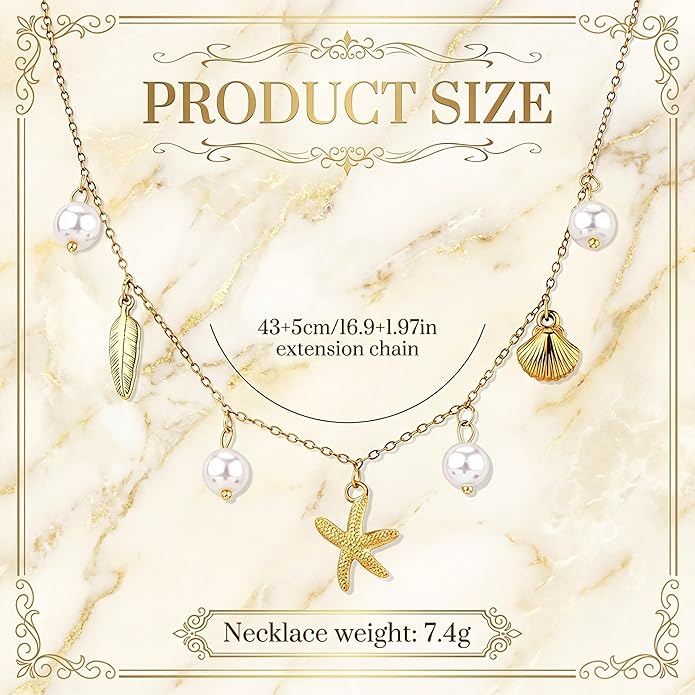 Shell Starfish Necklace for Women, 14k Gold Plated Boho Layered Beaded Charm Pendant Necklace, Dainty Adjustable Pearl Conch Summer Beach Vacation Jewelry Gifts