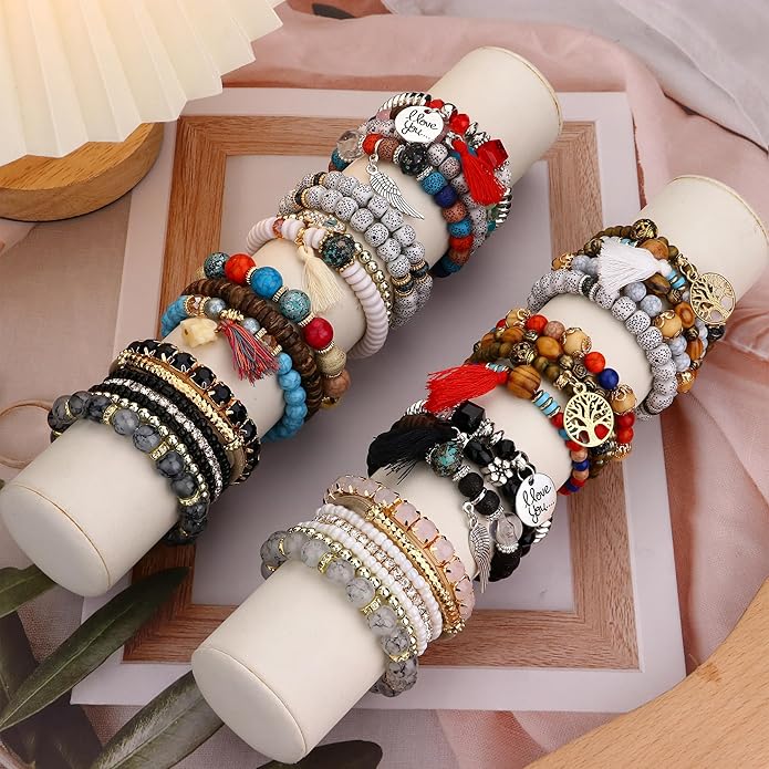 LOYALLOOK 8 Sets Bohemian Stackable Bead Bracelets for Women Stretch Multilayered Boho Stackable Bracelets Stack Beads Multicolor Beaded Strand Bangle Charm Bracelets Boho Tassel Bracelet Set Handmade