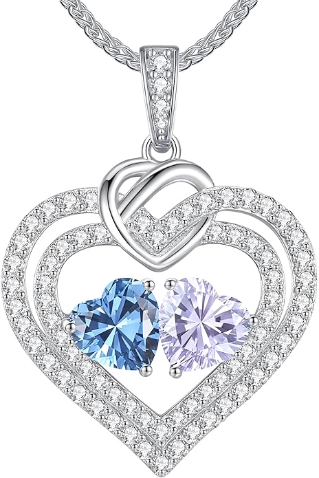 LOUISA SECRET Sparkling Double Heart Birthstone Necklaces for Women, 925 Sterling Silver Fine Jewelry, Pendant Heart Necklaces Birthday Anniversary Christmas Gift for Women Wife Mom Girlfriend Lady