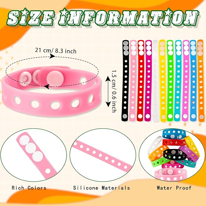 66 Pcs Silicone Charm Bracelets Adjustable Cute Kids Rubber Bracelets Bulk Colorful Wristbands with Holes for Shoe Birthday Party Gifts Identify, 11 Colors