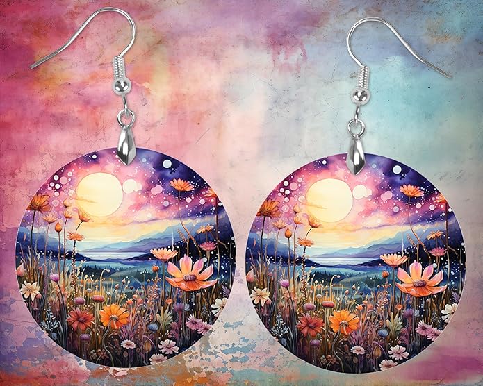 Round Wood Earrings Light Weight Printed Image Dangle Jewelry