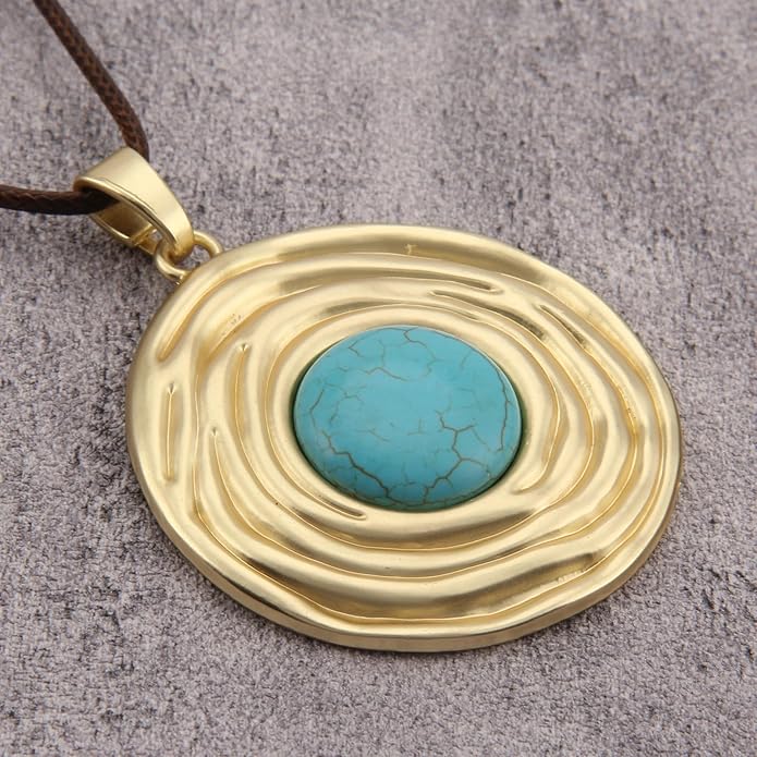 Boho Leather Necklace Women Bohemian Brown Circle Pendant Necklace Choker Long Necklaces for Women Boho Ring Large Pendant
