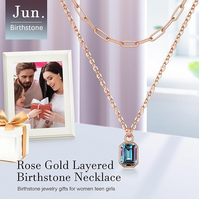 Layered Birthstone Necklace for Women Girls, 14K Gold-Plated Paperclip Chain Choker Necklace with Rectangle Birthstone Pendant Birthday Gifts for Women Girls Dainty Small