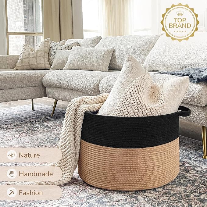 INDRESSME XXXLarge Woven Rope Blanket Basket Living Room Black Camel, 90L | - Image 7