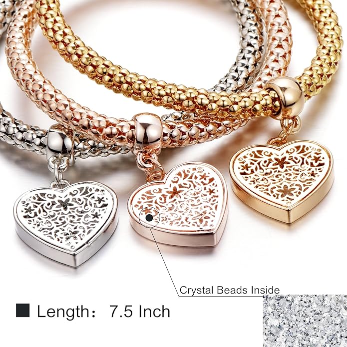 Crystal Charms Multilayer Bracelets - 3PCS Gold/Silver/Rose Gold Corn Chain Bracelet for Women, Tree of Life Heart Shaped Stretch Bracelet