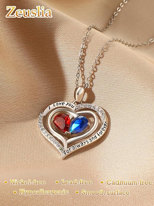 Valentine's Day Gifts for Wife 925 Sterling Silver Double Birthstone Pendant Necklaces I Love You for Always and Forever Necklace Anniversary Birthday Gifts for Wife Girlfriend Mom Her