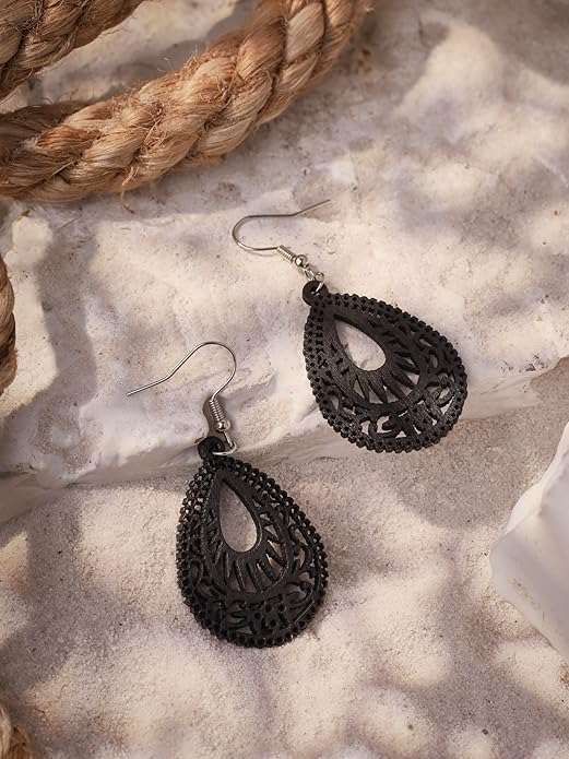 MINACHI Bohemian Hollow Cut-Out Wood Leather Dangle Drop Earrings, Boho Chic Hippie Statement Jewelry Gift for Women