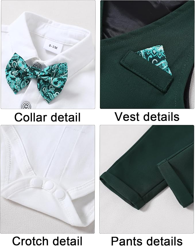 DISAUR Baby Boy Clothes Toddler Boy Outfits 4PCS Gentleman Dress Romper/Vest/Pants/Bow Tie Cotton Suit Sets