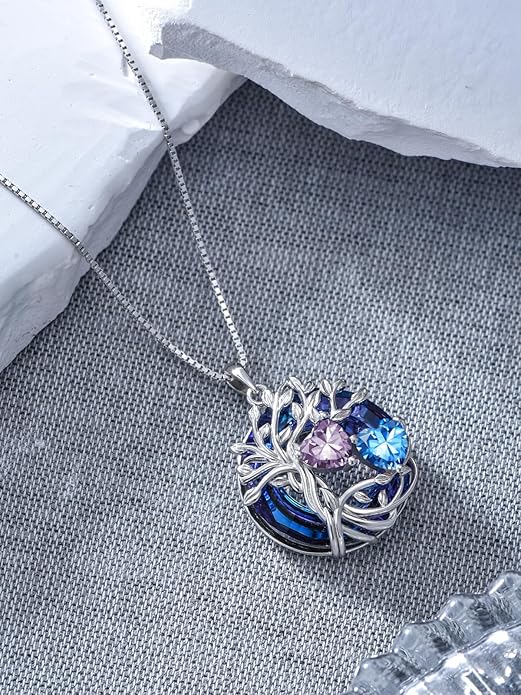 TOUPOP s925 Sterling Silver Family Celtic Tree of Life Pendant Necklaces with 2 Heart Birthstone with Blue Austrian Crystal Jewelry Birthday Valentines Day Gifts for Her, Anniversary Christmas Gifts for Wife Girlfriend Mom (18K Real White Gold Filled)