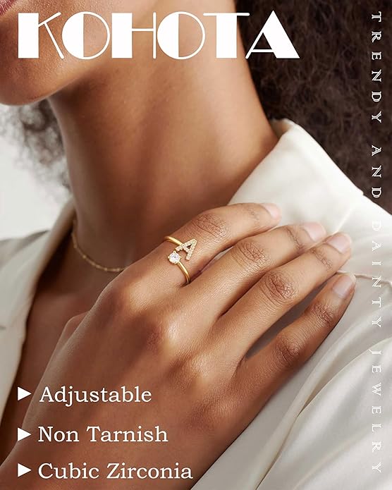 Valentines Day Gifts Gold Silver Initial Rings for Women Non Tarnish Dainty 14k Gold Plated Stackable Rings for Women Trendy Adjustable Letter Cubic Zirconia Pinky Ring Cute Open Birthday Gift Jewelry