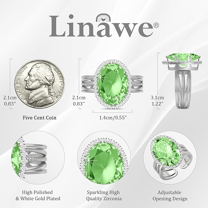 Linawe Birthstone Chunky Adjustable Rings for Women, Gold/Silver/Rose Gold Statement Rings, Imitation Diamond Fake Gemstone Crystal Cocktail Ring, Cubic Zirconia Costume Jewelry