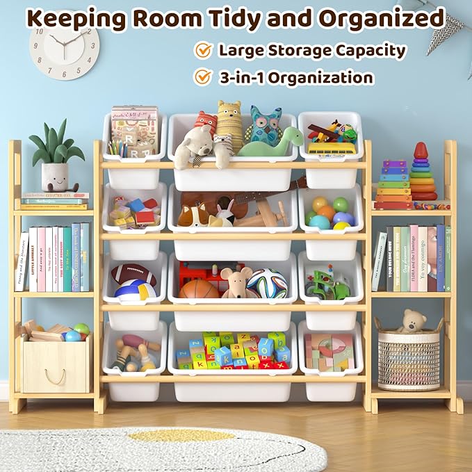 Large Toy Storage Organizer Kids Toy Organizer and Bookshelf Combo with 12 Bins and 6 Shelves Toy Organization Box Toy Shelf for Playroom, Bedroom, Nursery