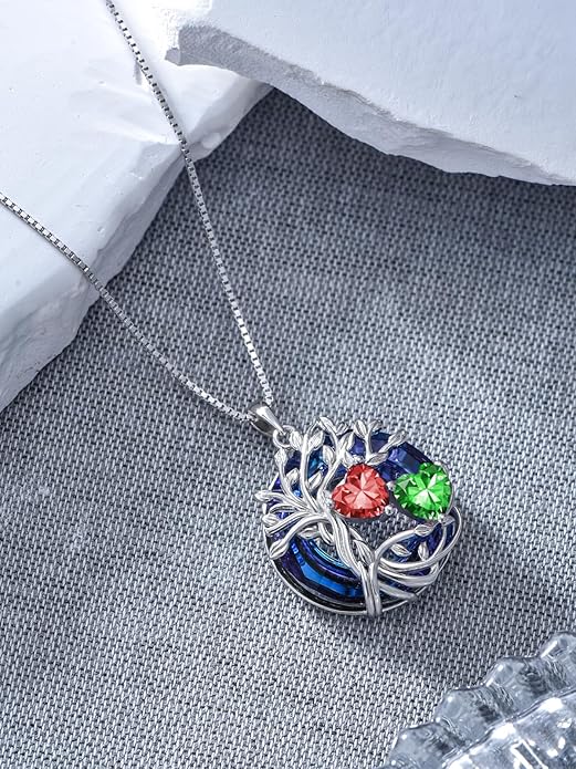 TOUPOP s925 Sterling Silver Family Celtic Tree of Life Pendant Necklaces with 2 Heart Birthstone with Blue Austrian Crystal Jewelry Birthday Valentines Day Gifts for Her, Anniversary Christmas Gifts for Wife Girlfriend Mom (18K Real White Gold Filled)