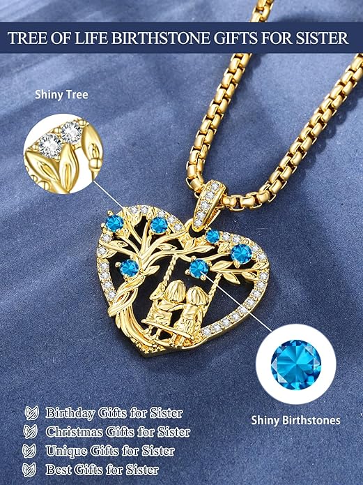 14K Gold Tree of Life Necklace for Sister Christmas Gifts from Sister,Heart Jewelry with Birthstone Pendant for Women Female Friendship Forever My Friend