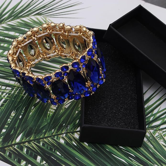 Women’s Elegant Wedding Bridal Crystal Double Row Marquise-Shape Leaf Stretch Bangle Bracelet Bride Jewelry for Women