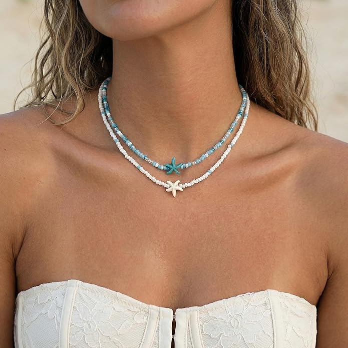 Women's Shell Starfish Boho Layered Beaded Necklace Choker for Summer Beach Vacation Gifts for Birthday/Anniversary/Christmas
