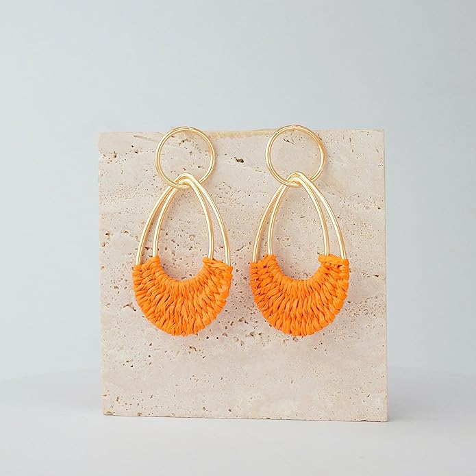 Raffia Hoop Earrings for Women Fun Boho Summer Beach Earrings Lightweight Handmade Straw Wicker Rattan Dangle Earrings Statement Geometric Round Drop Earrings