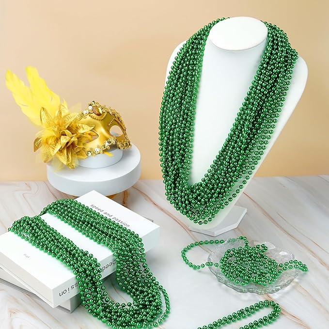 ZYFLSQ 100 Pcs 33" 7mm Metallic Green Beads Necklaces, Bulk Mardi Gras St. Partrick's Day Beaded Necklaces, Party Beads Costume Necklaces (Green)