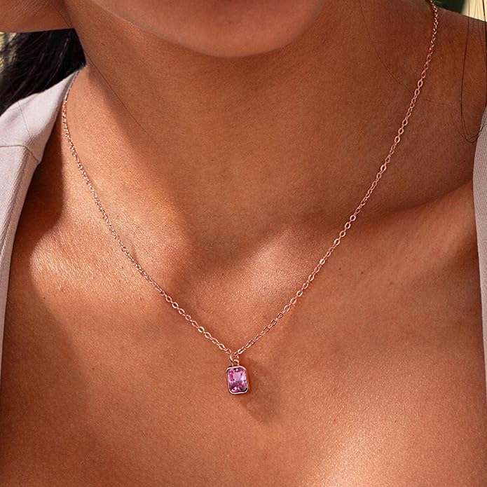 Layered Birthstone Necklace for Women Girls, 14K Gold-Plated Paperclip Chain Choker Necklace with Rectangle Birthstone Pendant Birthday Gifts for Women Girls Dainty Small
